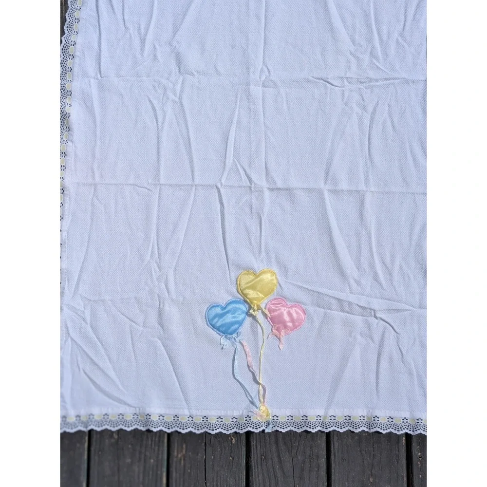 Vintage set Embroidered Baby Blanket with Lamb and Heart Balloons lace edges